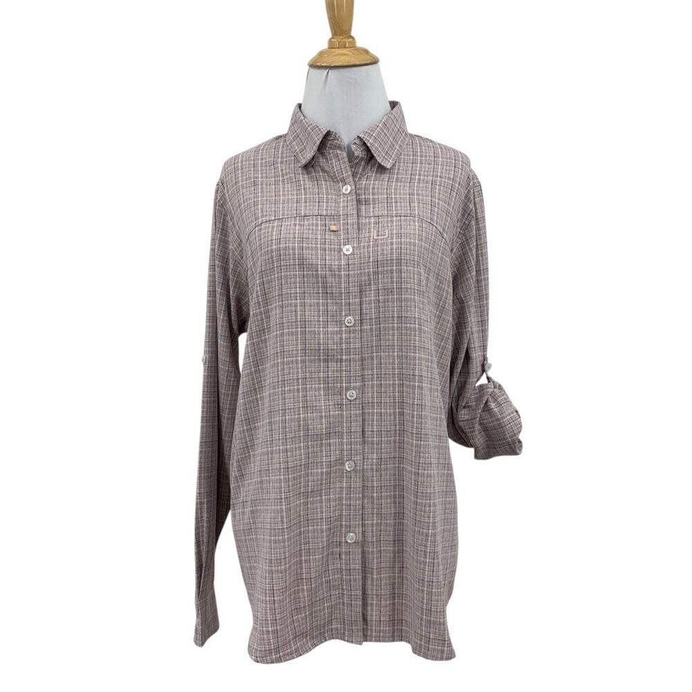 Huk Shirt Womens L Large Multi Tide Point Long Tab Sleeve Cross Dye Button Up